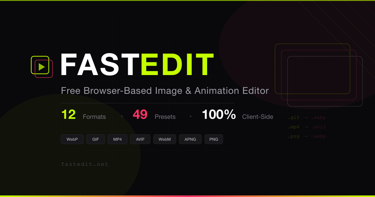 FastEdit product overview graphic showing supported formats, platform presets, and client-side processing